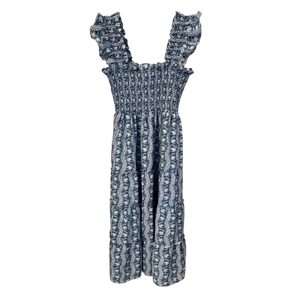 Hill House Home NWOT Ellie Nap Dress Blue White Floral Smocked Midi Ruffle Small